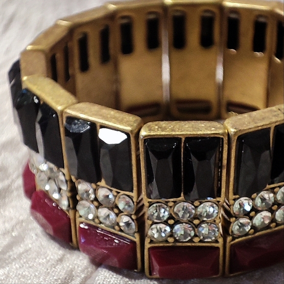 J. Crew Baguette Acrylic Black Merlot Rhinestone Stretch Bracelet Oxidized Brass - Picture 7 of 9